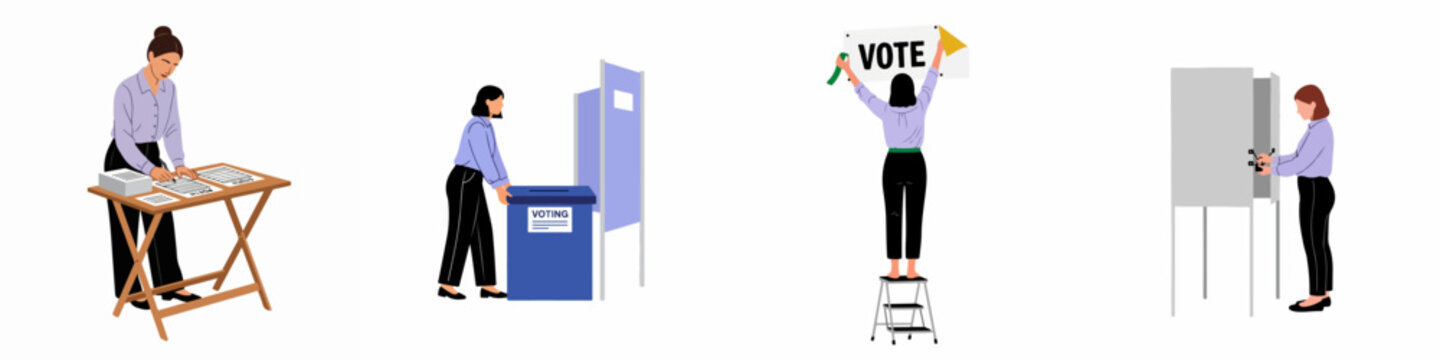 Illustration set of women engaged in the democratic process, including ballot preparation, voting at the polls, and promoting civic duty.