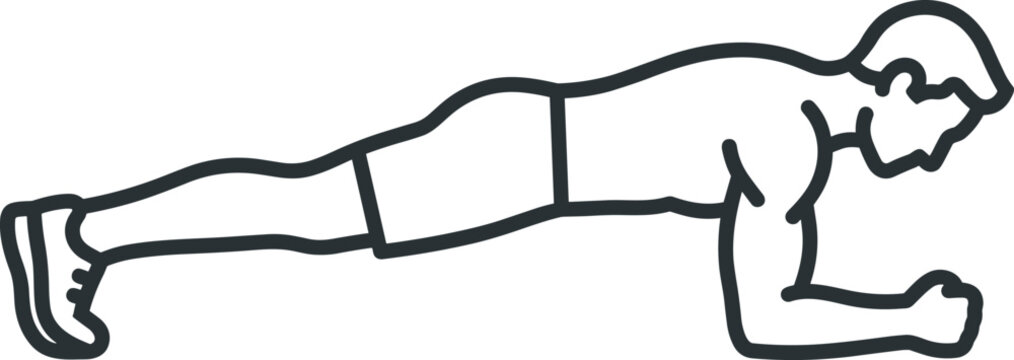 A simple black line art icon of a fit man doing a plank exercise position for core strength training and workout routines in a minimalist style for health and fitness design