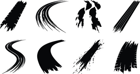 Set of professional tire tracks and skid mark silhouettes for automotive, racing, and grunge style design projects © MdSaiful