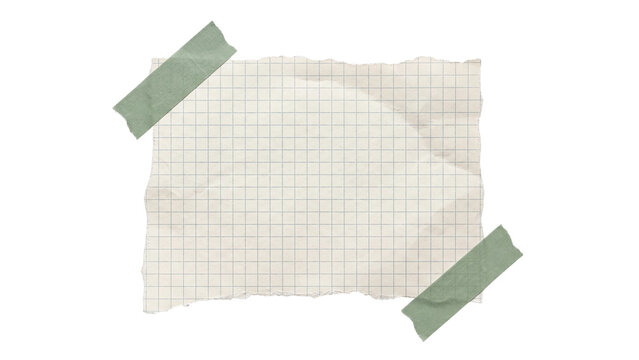 torn grid paper note with green tape isolated PNG on transparent background, blank stationery scrap