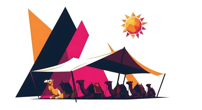 Camels sit under a white desert tent structure as a bright geometric sun glows above dark angular rock formations.