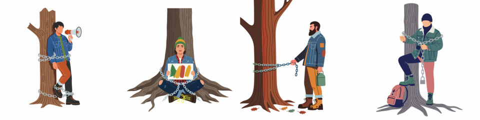 Fototapeta premium Flat vector illustrations of diverse environmental activists chained to trees, protesting against deforestation and advocating for nature conservation on a white background.