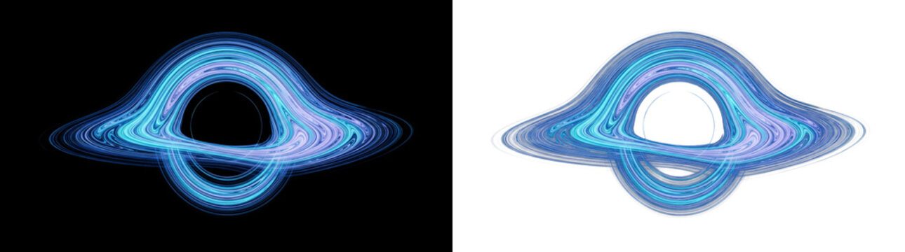 Abstract illustration of a wide glowing blue black hole with an accretion disk