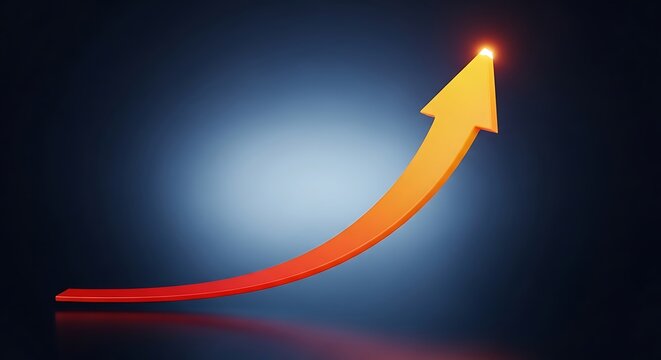 A curved upward arrow, orange-red, on a dark blue gradient background, signifying growth