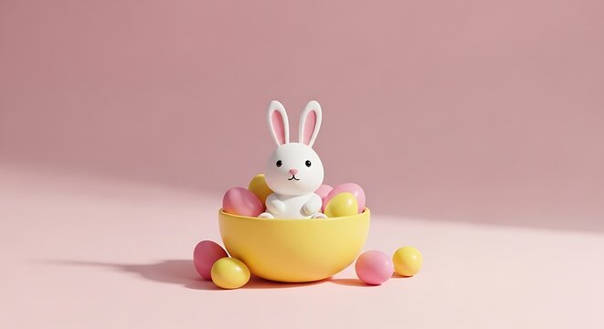 A cute, white bunny sits in a yellow bowl with pastel eggs against a pink background