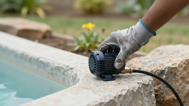 Close-up of a worker's gloved hand installing a water pump at the edge of a garden pond. This professional maintenance ensures proper water circulation and filtration for a healthy outdoo