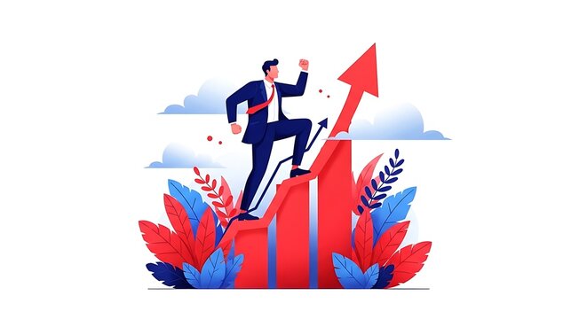 A determined figure ascends a rising red graph, symbolizing success with floral accents