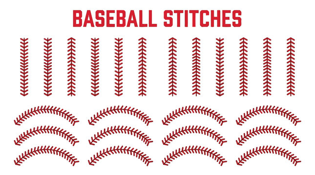 Detailed red baseball stitches vector graphic illustration featuring straight and curved patterns for creative design projects
