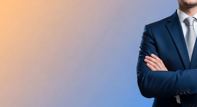A formal, cropped view of a person in a suit with crossed arms, against an orange-blue gradient