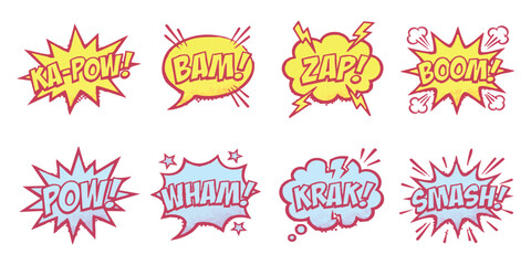 Set of colorful comic book speech bubbles with sound effects like boom pow bam and zap in a pop art style © ZenVectors