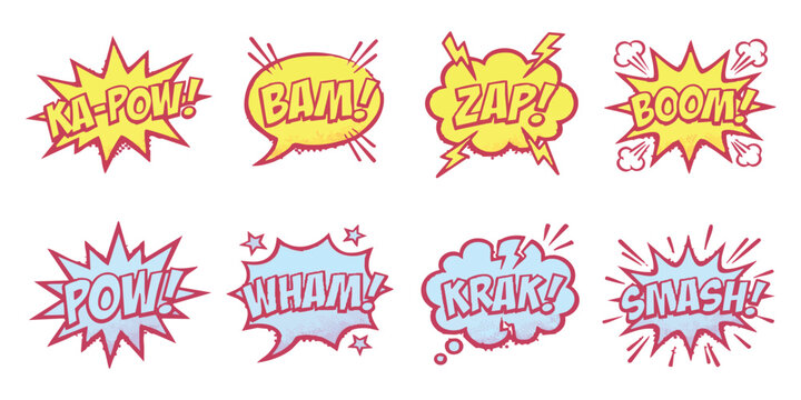 Set of colorful comic book speech bubbles with sound effects like boom pow bam and zap in a pop art style