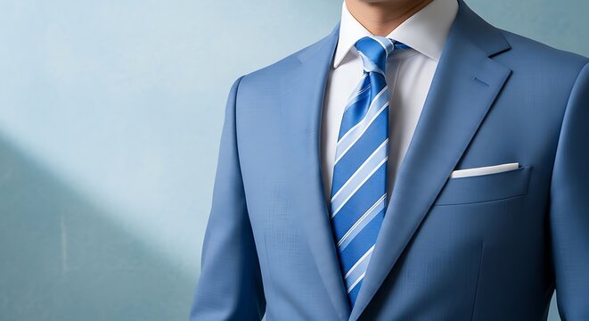 A formal, tailored suit with a striped tie and pocket square, showcasing professional attire