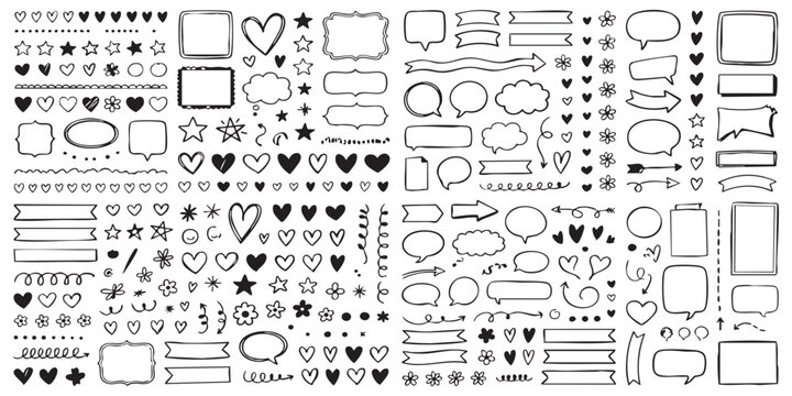 Large collection of hand drawn doodle frames hearts arrows and speech bubbles for creative design projects