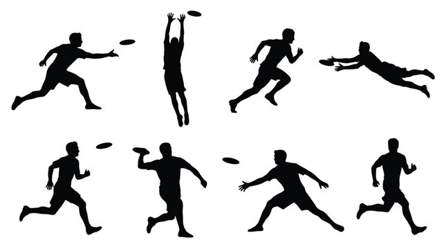 Black vector illustration set showing athletic men playing an intense game of competitive ultimate frisbee