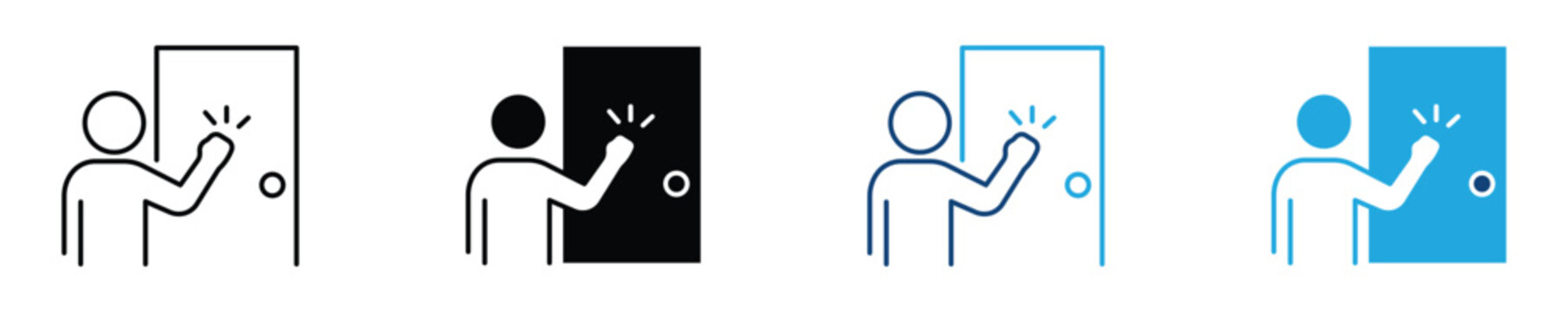 Door knocking icon set people knocking on a door in various colors and styles . Vector illustration.