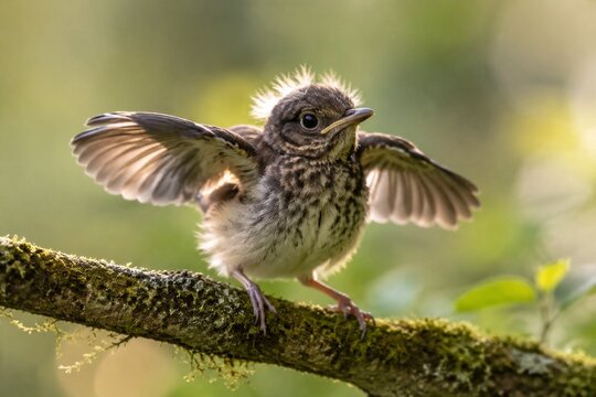 A young bird fluttering its wings on a mossy branch in soft light.