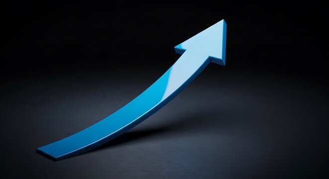 A glossy blue arrow pointing upwards on a dark surface, symbolizing growth
