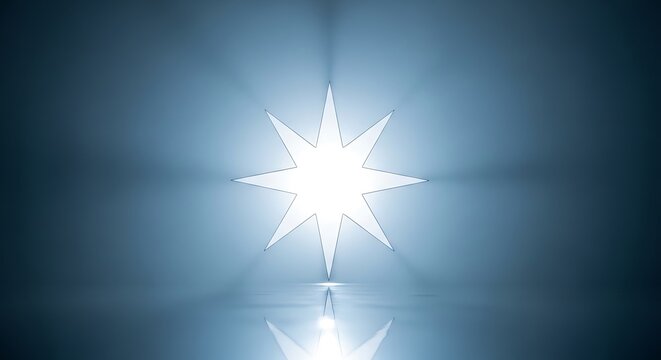A glowing eight-pointed star emitting radiant light, centered in a cool blue gradient backdrop