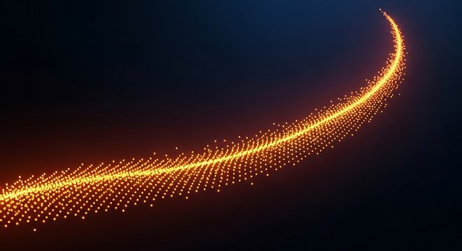 A glowing golden trail arcs upwards, composed of countless particles against a dark blue gradient