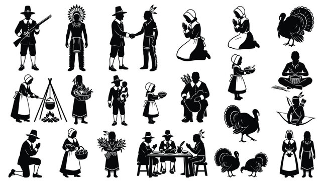 Detailed black vector illustration set featuring historical thanksgiving pilgrim figures and native american tribal characters