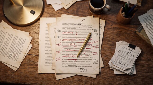 Handwritten manuscript pages with red ink editing marks and fountain pen on rustic wooden desk manuscript correction literature creative document creativewriting