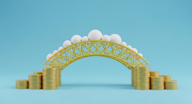 A gold geometric bridge with white spheres arches over coin stacks against a blue background