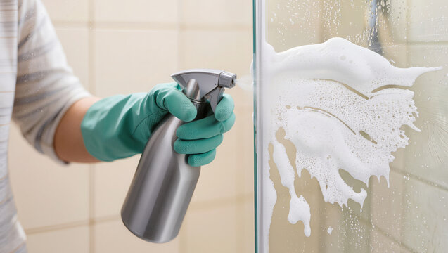 Cleaning glass shower door with detergent spray. Hand in protective rubber glove applying foam cleaner, domestic housekeeping routine, maintaining bathroom hygiene and cleanliness