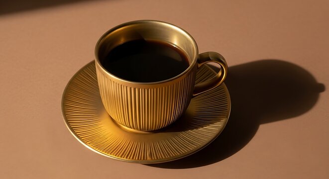 A golden, ridged coffee cup and saucer sit on a warm brown surface, with dark liquid
