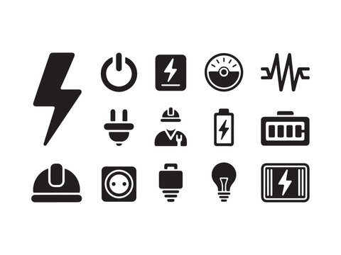 Collection of various electrical and power related icons including lightning bolts batteries switches and tools used for energy and electricity concepts  various symbols for power and energy