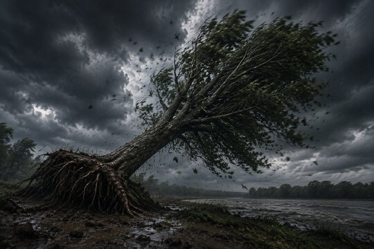 A large tree tilted by a storm with exposed roots and a dark sky.
