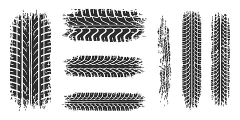 Set of black car tire tread marks and vehicle wheel tracks isolated on a simple plain graphic design element © ZenVectors