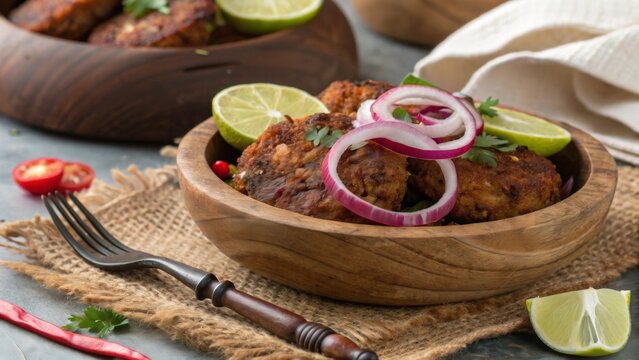 Savoring chapli kebab served in a wooden bowl with fresh lime wedges and garnishes