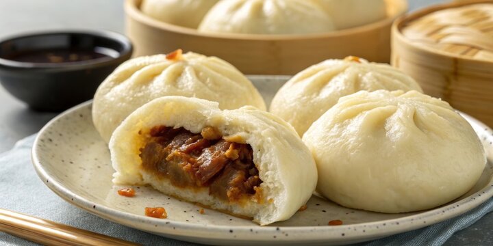 Delicious cha siu bao served on a plate with dipping sauce, perfect for a snack or meal