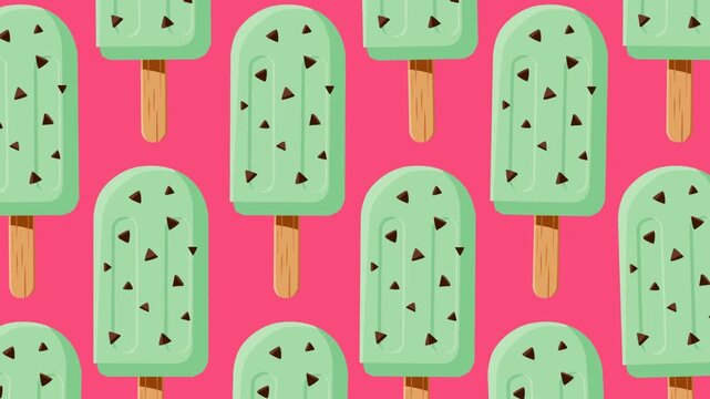 Seamless repeating pattern featuring mint chocolate popsicles with chocolate chips on a vibrant pink background. Ideal for summer promotions, frozen dessert themes, food branding