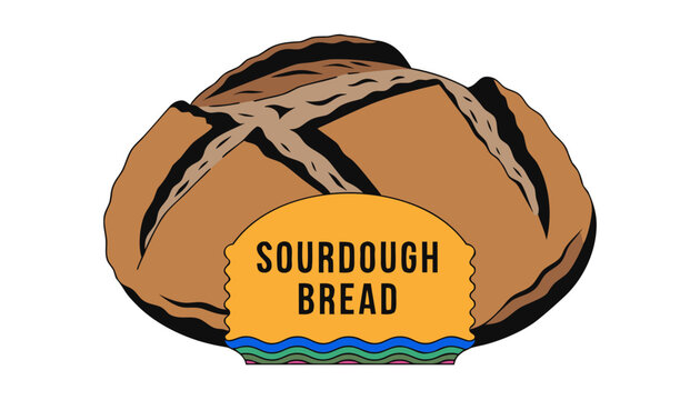 Very beautiful realistic vector of SOURDOUGH BREAD featuring a round artisan loaf with rustic scoring and a colorful label reading "SOURDOUGH BREAD", isolated on white background.