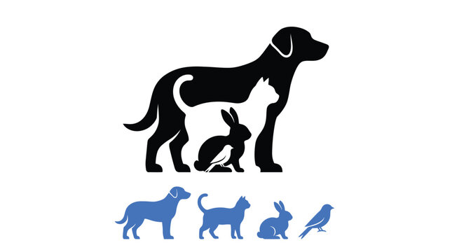 Minimalist vector illustration featuring layered silhouettes of a dog cat rabbit and small song bird