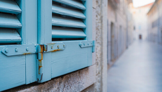 Pale Blue Window Shutters on Stone Building