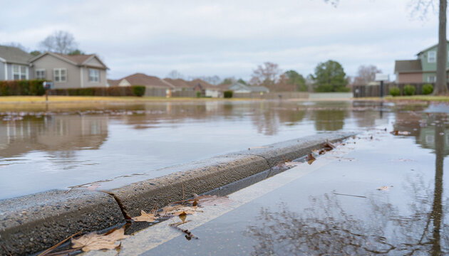 Flooded Residential Street After Heavy Rain