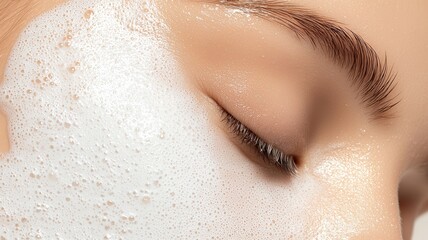 Fototapeta premium Woman's closed eye and smooth skin covered in white cleansing foam highlighting beauty freshness and skincare routine