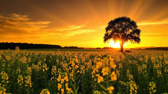 Lone tree silhouette at sunset over yellow flower field landscape