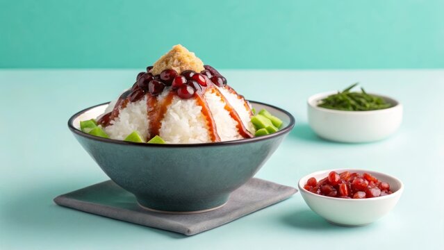 Chendol served in a matte bowl on a mint background with toppings and sides