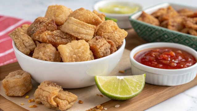 Crispy chicharrones served with lime and dipping sauces at a casual gathering