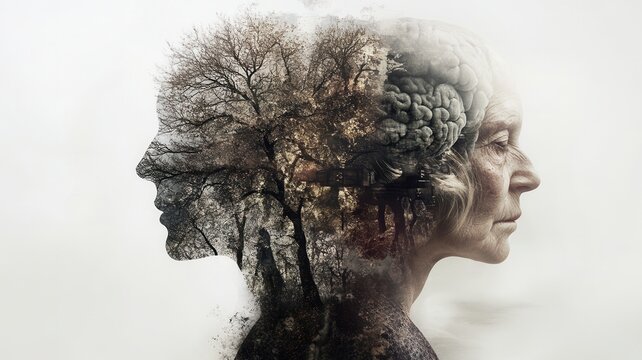 Human profiles with trees and brain overlay symbolizing aging memory nature and the mind's complexity