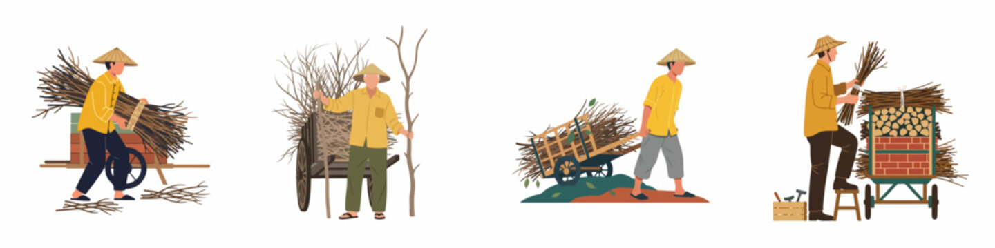 Flat illustrations of Asian farmers in conical hats gathering and transporting bundles of firewood and brushwood using traditional wooden carts on white background.