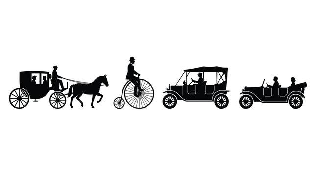 Black silhouette vector illustration of vintage transportation modes showing evolution of travel through history icons