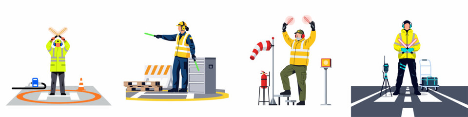 Fototapeta premium Vector illustration of airport ground crew members in high-visibility uniforms performing marshalling and ground handling tasks on runways and helipads.