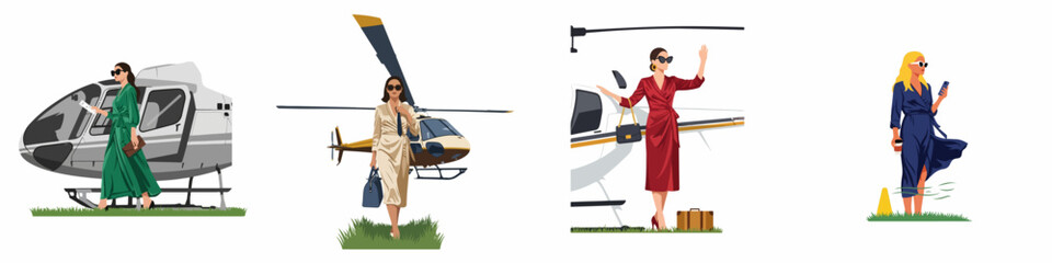 Flat vector illustration set of elegant women in fashionable dresses traveling by private helicopter for luxury lifestyle and aviation themes. © Slamet
