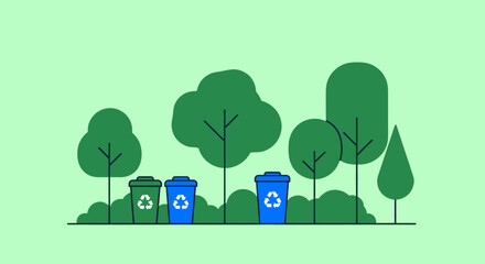 Fototapeta premium Illustration of recycling bins in a park setting with trees and bushes, promoting environmental care.