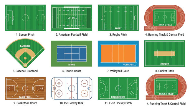 Detailed vector illustration showing various professional sports field layouts for tournament and athletic competition planning