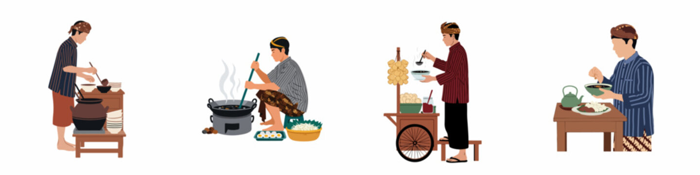Flat Illustration of Javanese Men in Traditional Clothing Preparing, Serving, and Eating Indonesian Street Food and Culinary Specialties